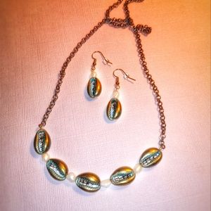 Handmade bronze shell and river pearl earrings and necklace set